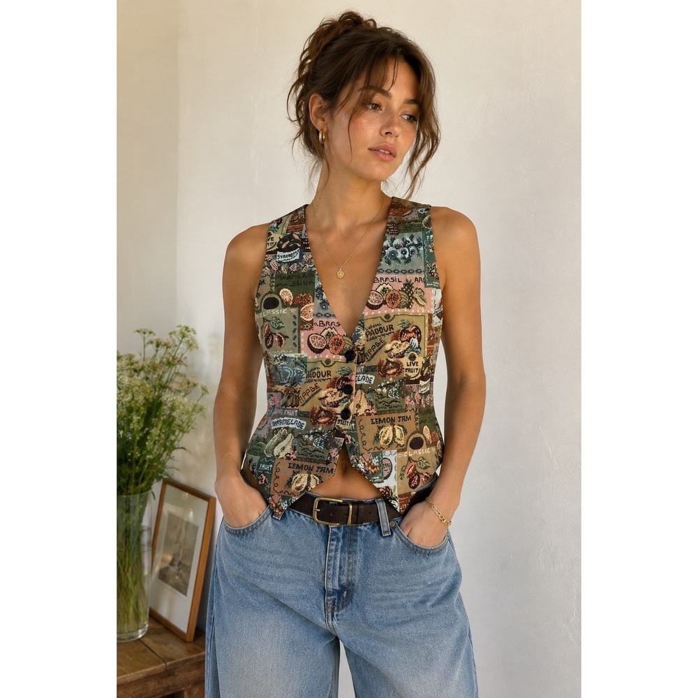 Saddle River Tapestry Fruit Print Vest Made in USA 90s Whimsigoth Vintage